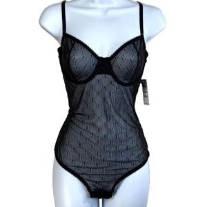 I.N.C. Mesh Monogram Bodysuit, size Medium Deep Black Chic Undergarment Lingerie